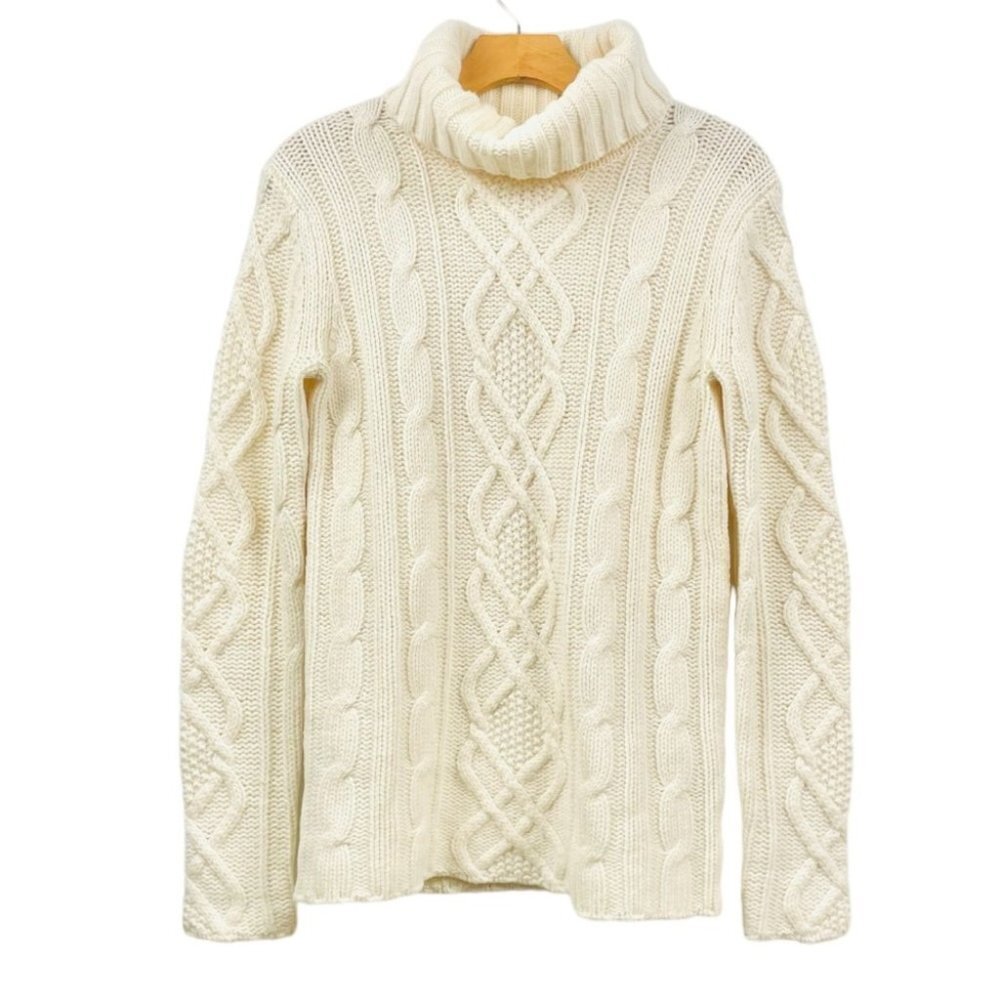 Eddie Bauer Chunky Merino Blend Cream Cable Knit Turtleneck Sweater Size M